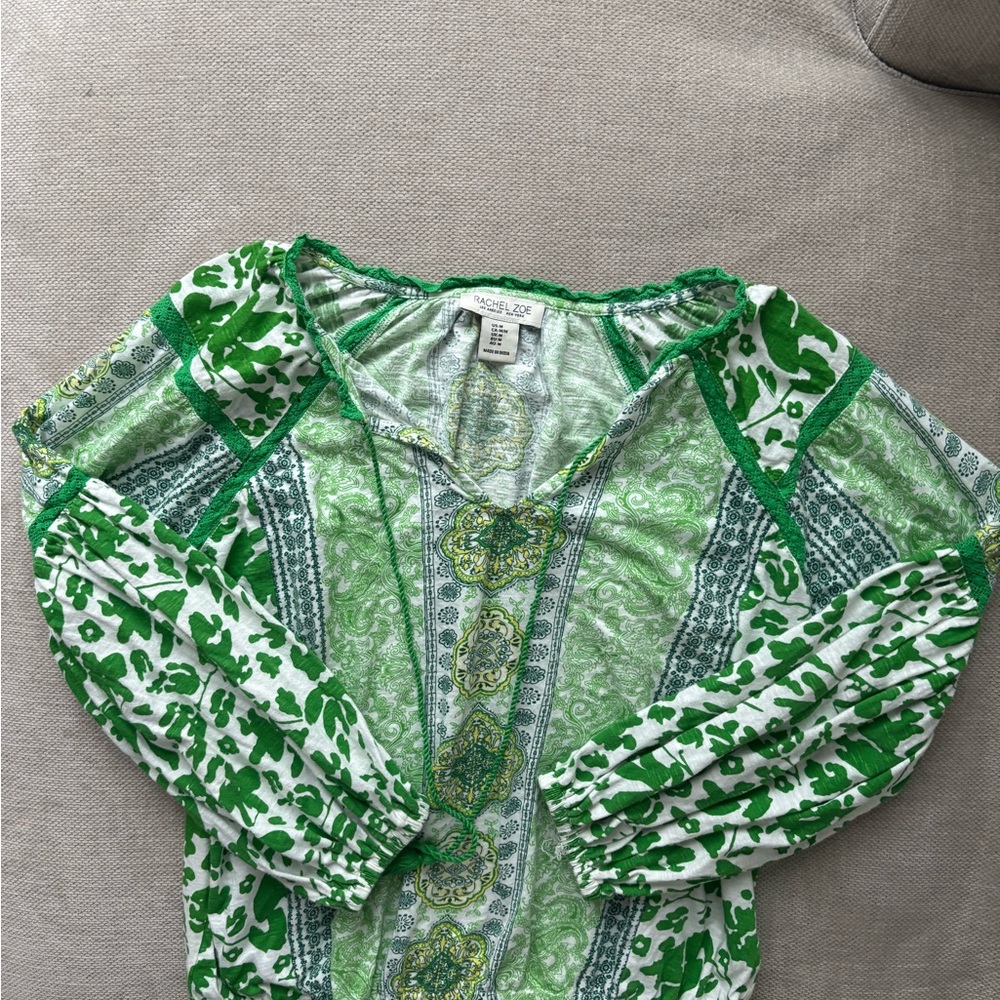 Rachel Zoe Green Printed Long Sleeve Blouse | 100% Cotton | Size M